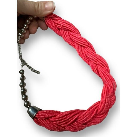 Bundle Sale 3 for $15 | Pink Braided Seed Bead Necklace | Silver Tone Accents - Picture 6 of 7